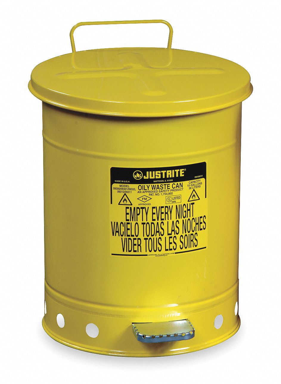 OILY WASTE CAN, 14 GAL, YLW, GALVANIZED STEEL, 20¼ IN H, FOOT OPERATED SELF CLOSING