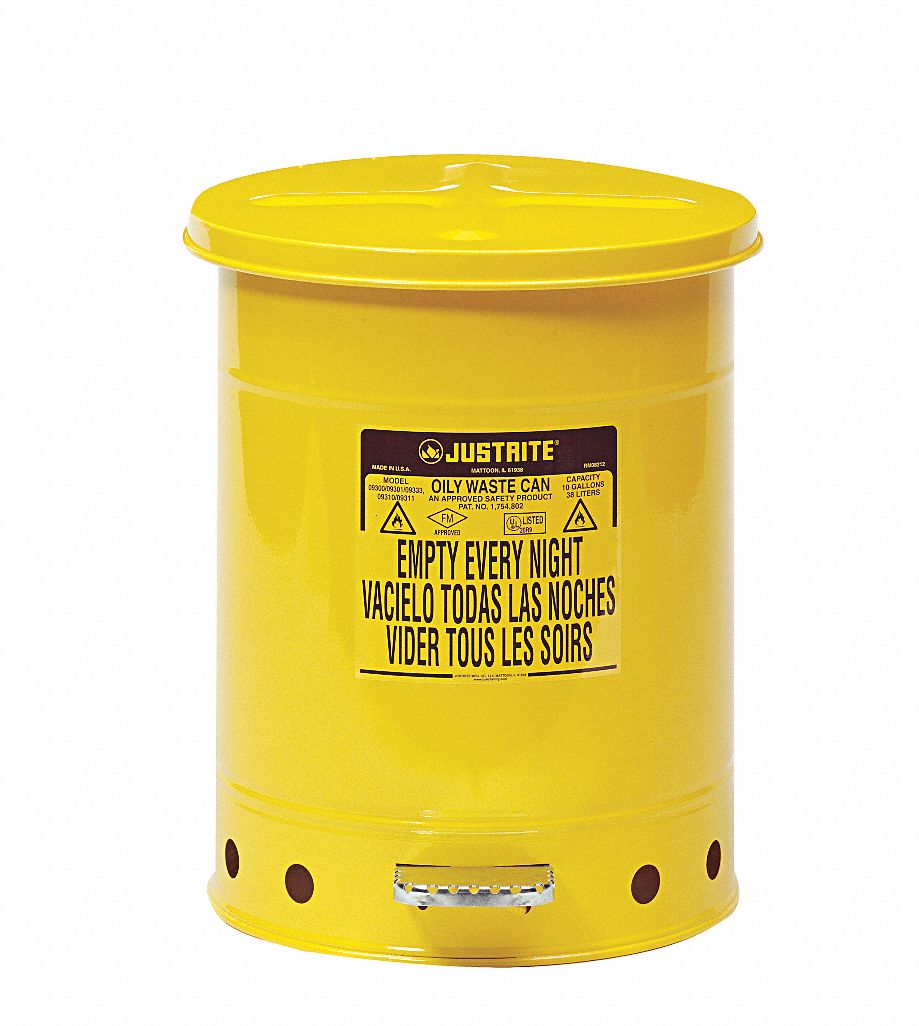 OILY WASTE CAN, 10 GAL, YLW, GALVANIZED STEEL, 18¼ IN H, FOOT OPERATED SELF CLOSING