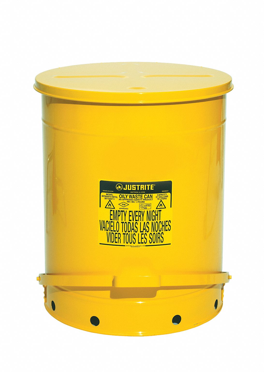 Oily Waste Can: 21 gal Capacity, Yellow, Foot Operated Self-Closing, Powder Coated Steel