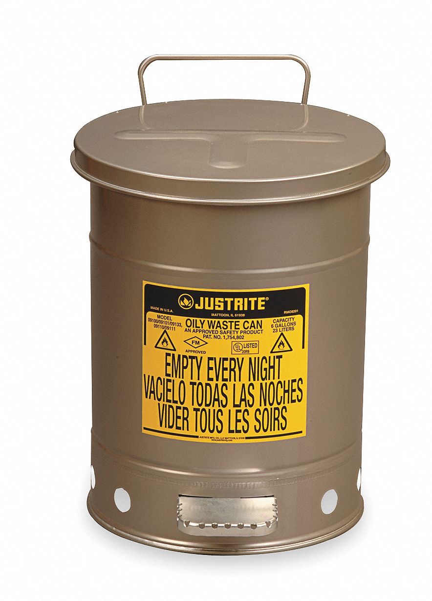 OILY WASTE CAN, 6 GAL, SILVER, GALVANIZED STEEL, 15⅞ IN H, FOOT OPERATED SELF CLOSING