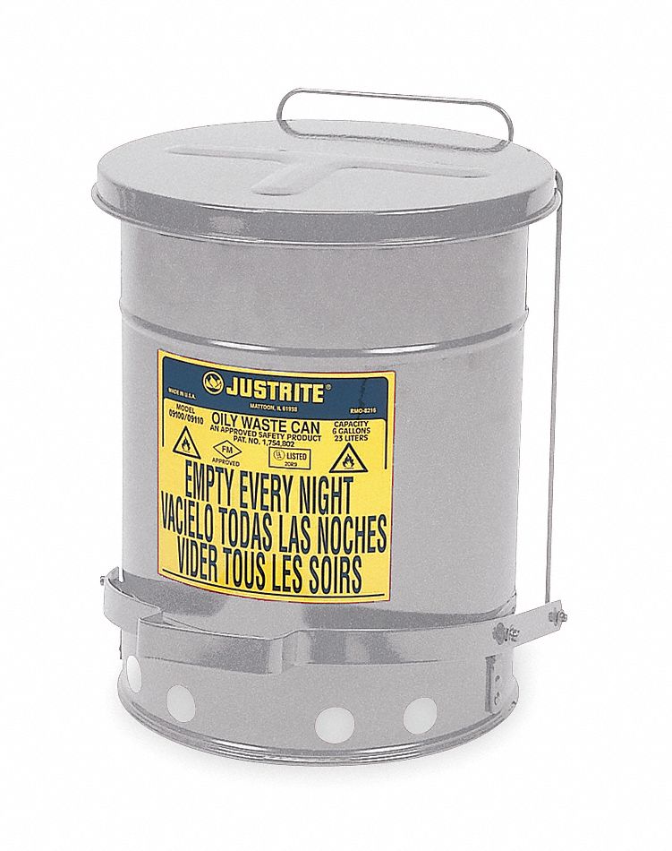 OILY WASTE CAN, 10 GAL, SILVER, GALVANIZED STEEL, 18¼ IN H, FOOT OPERATED SELF CLOSING