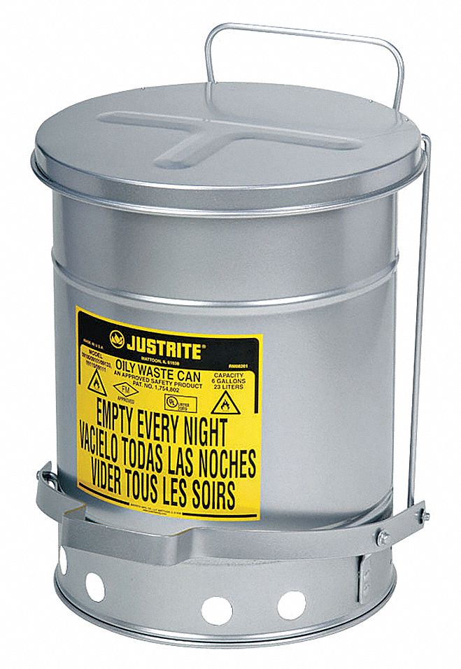 OILY WASTE CAN, 14 GAL, SILVER, GALVANIZED STEEL, 20¼ IN H, FOOT OPERATED SELF CLOSING