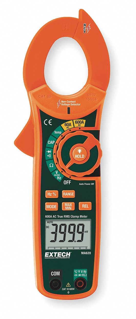Clamp On Digital Clamp Meter, 4° to 1400°F Temp. Range, 1.5 in (38 mm) Jaw Capacity, CAT III
