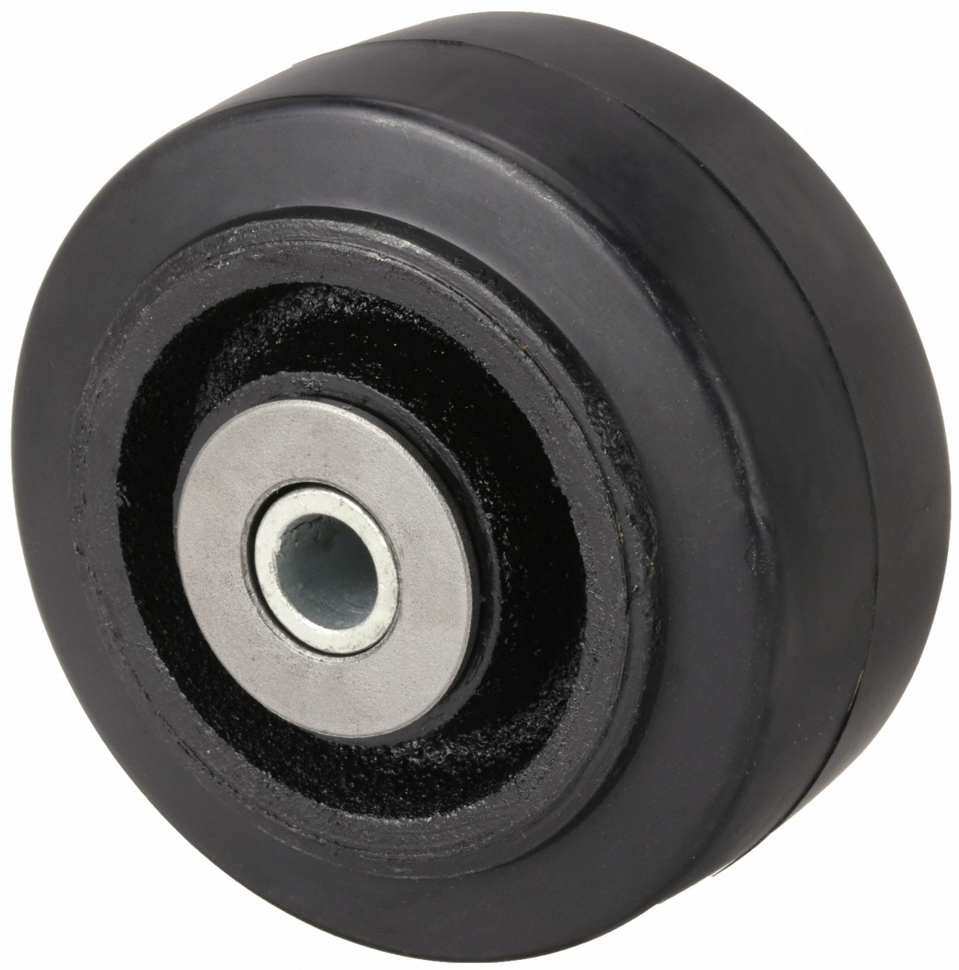 RUBBER TREAD ON IRON CORE WHEEL, 4 IN WHEEL DIAMETER, 2 IN WHEEL W, 2 3/16 IN HUB L