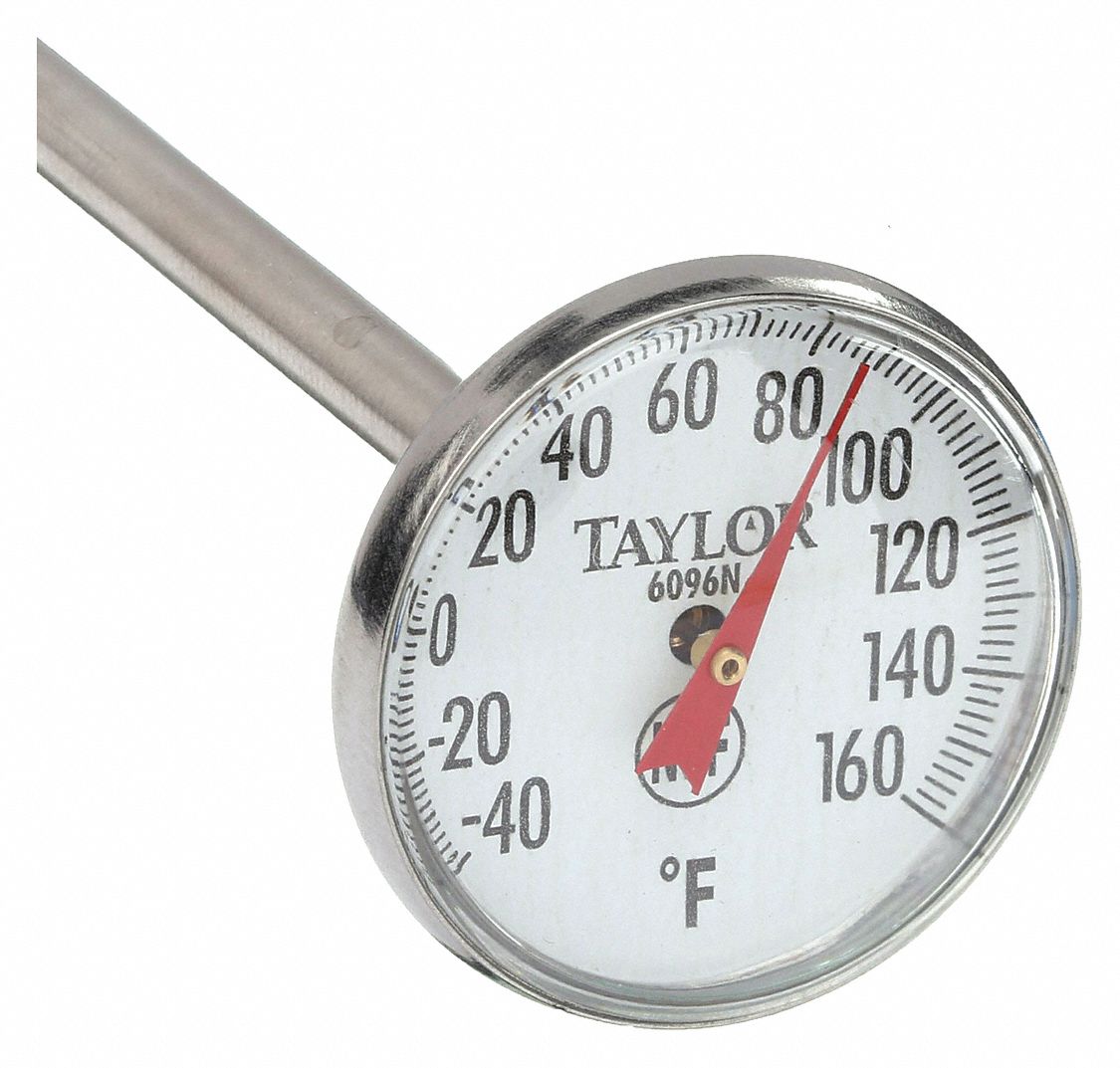 DIAL POCKET THERMOMETER, 1 IN DIAL DIAMETER, 5 IN STEM L, GLOW-IN-THE-DARK, +/- 2% ACCURACY