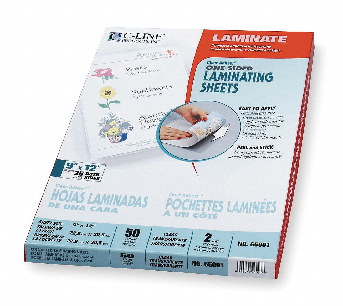 Heat Free Laminating Sheets: Letter, 12 in Lg, 9 in Wd, 2 mil Thick, 50 PK