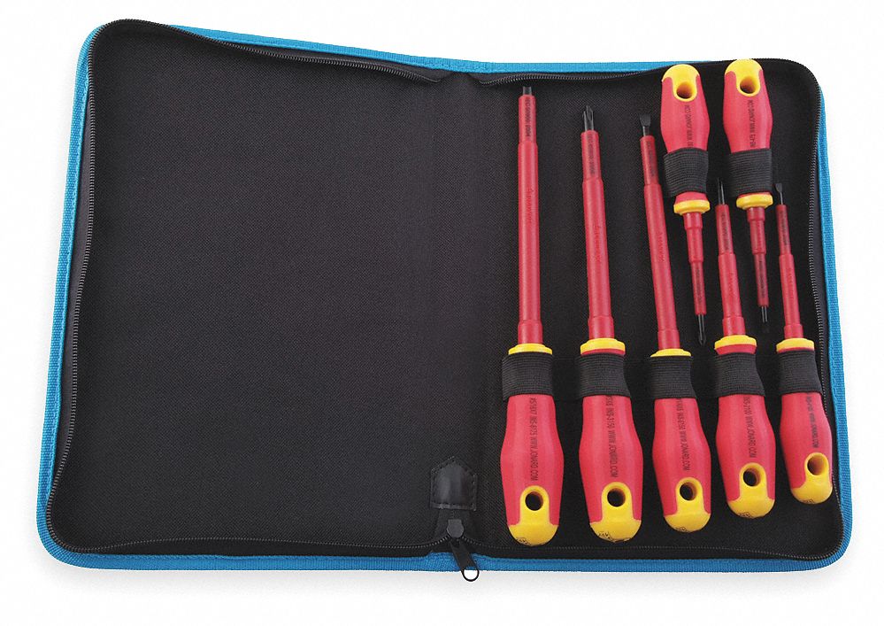 INSULATED MAGNETIZED TIP SCREWDRIVER SET, 7 PIECES, PHILLIPS/SLOTTED TIP, PLASTIC CASE