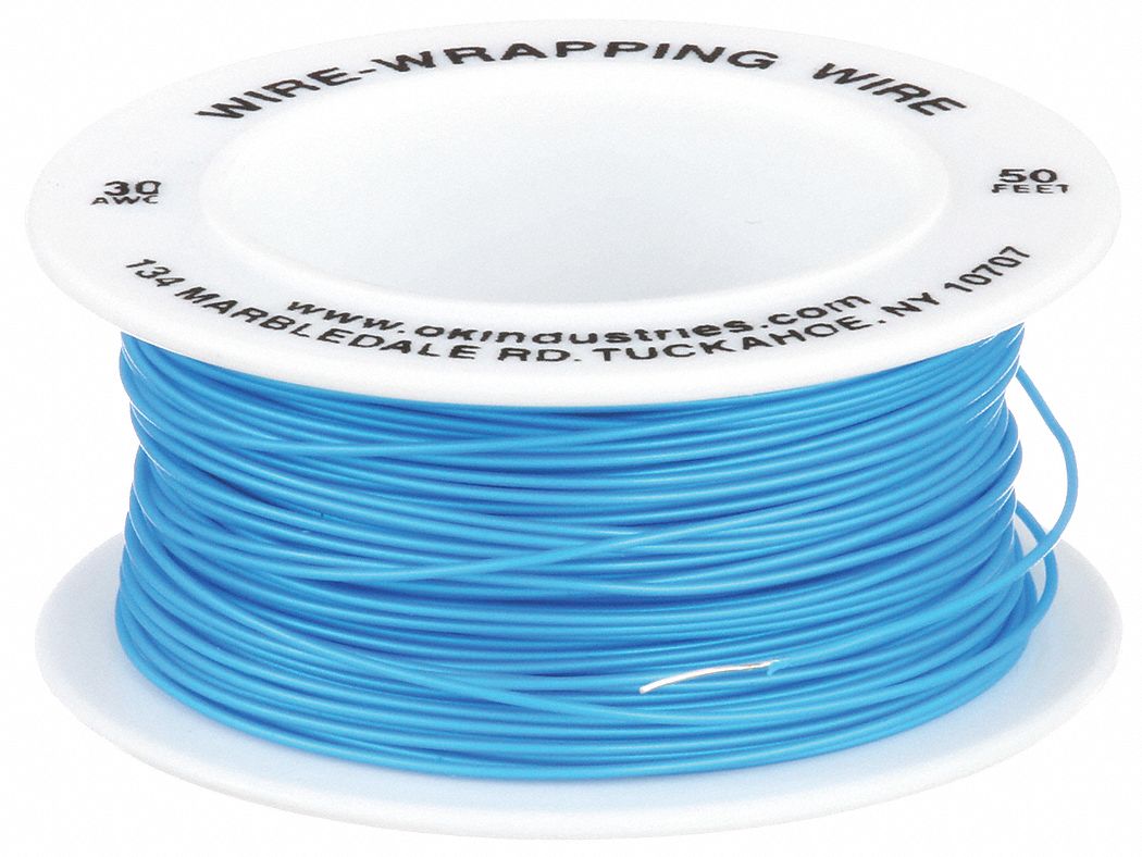 Spooled Wrapping Wire: 50 ft Overall Lg, 30 AWG Conductor Size, Blue