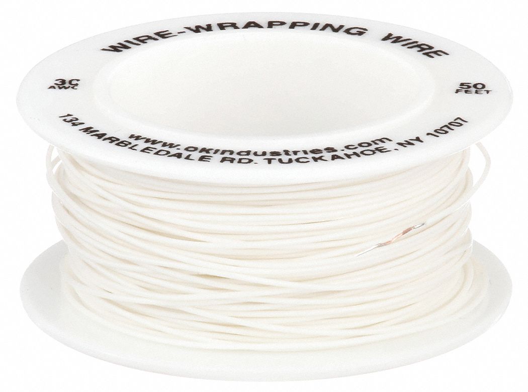 Spooled Wrapping Wire: 50 ft Overall Lg, 30 AWG Conductor Size, White