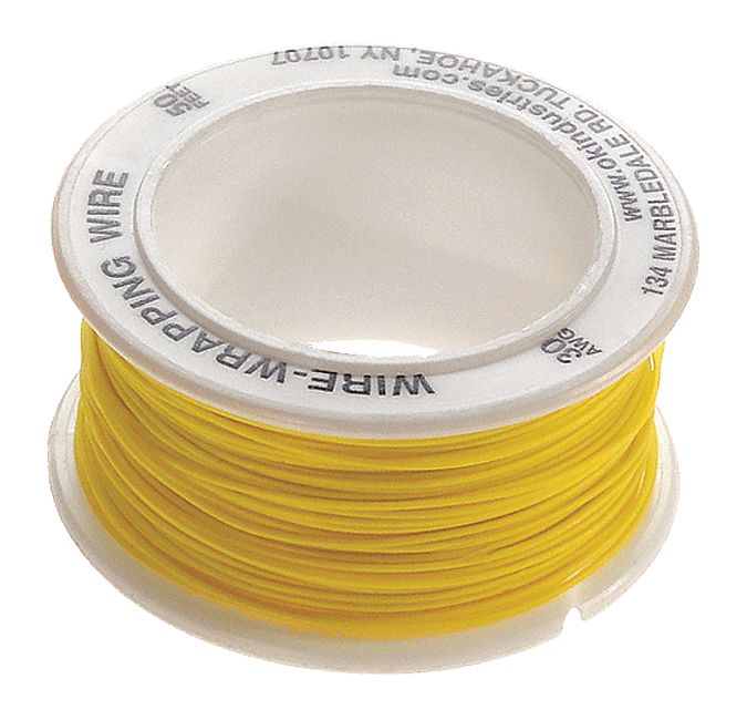 Spooled Wrapping Wire: 50 ft Overall Lg, 30 AWG Conductor Size, Yellow