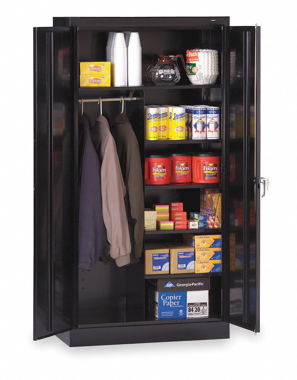 STORAGE CABINET, 36 IN X 18 IN X 72 IN, 5 SHELVES, SWING HANDLE/KEYED, 24 GA PANEL, ADJUSTABLE