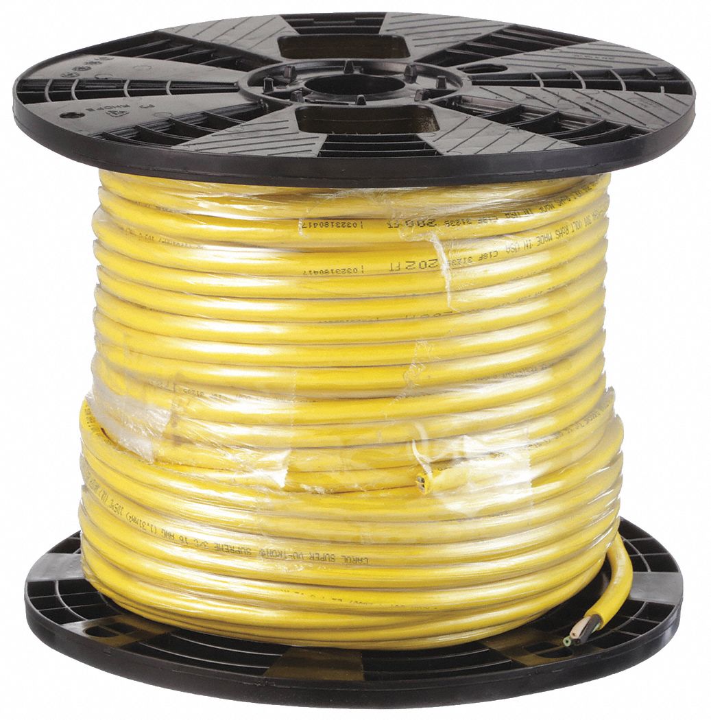 Portable Cord: SJOOW, 300 V, 3 Conductors, 14 AWG, Yellow Jacket, 250 ft Overall Lg