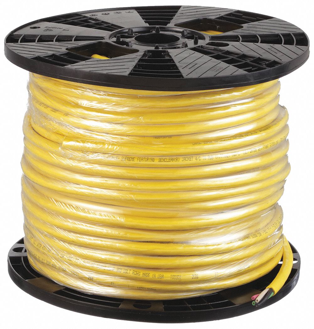Portable Cord: SJOOW, 300 V, 4 Conductors, 16 AWG, Yellow Jacket, 250 ft Overall Lg