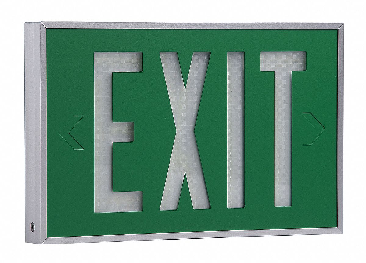 Self-Luminous Exit Sign: 1 Faces, Green, Silver, Aluminum, 10 yr Life Expectancy, Wall