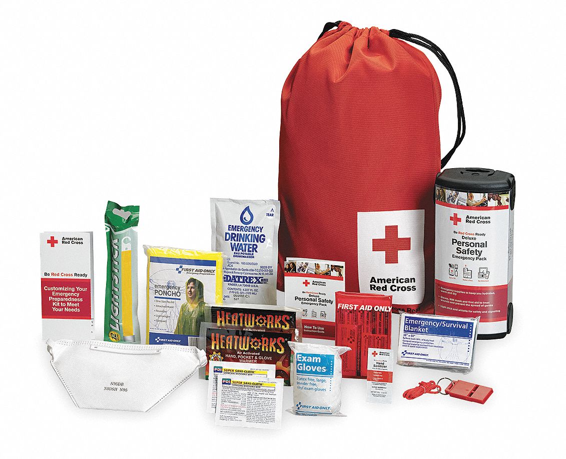 Emergency Preparedness Backpack,  Number of Components 33,  People Served 1,  Red,  8 1/4 in Height