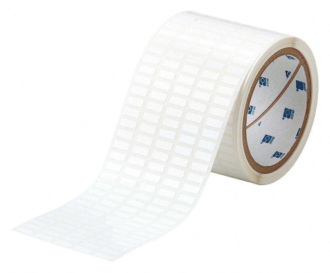Pre-Cut Label Stock Roll: 13/64 in x 1/2 in, Acrylic, Aggressive Adhesive/Permanent Adhesive