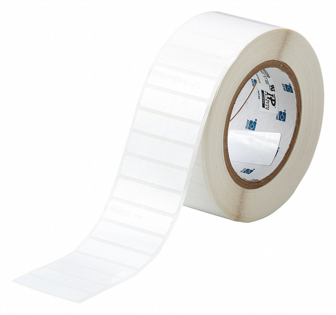 Pre-Cut Label Stock Roll: 1/2 in x 2 in, Acrylic, Aggressive Adhesive/Permanent Adhesive