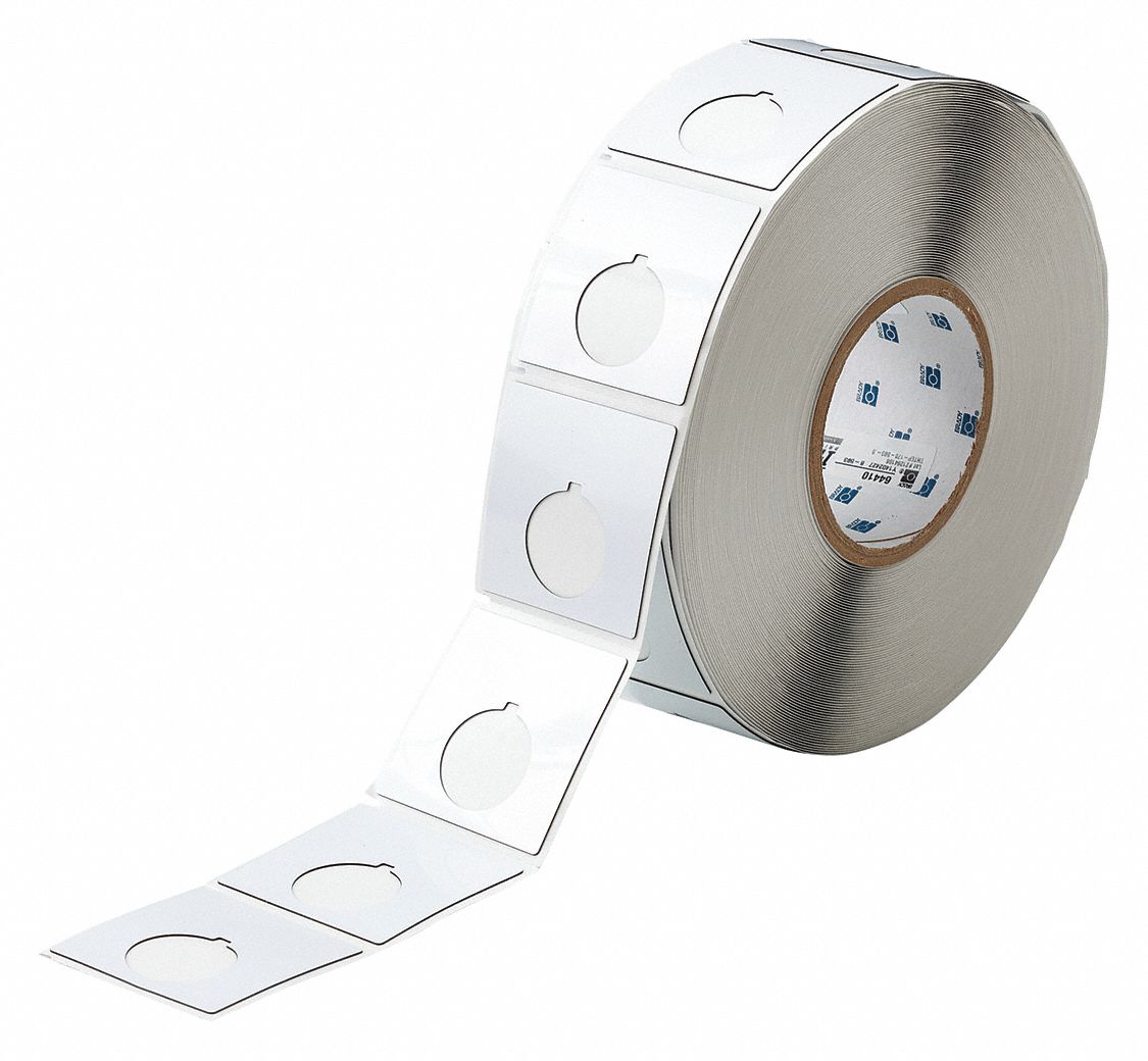 PRECUT LABEL ROLL, CIRCLE WITH NOTCH, 2 13/32 IN X 2 13/32 IN, POLYESTER, WHITE, GLOSS, ADHESIVE