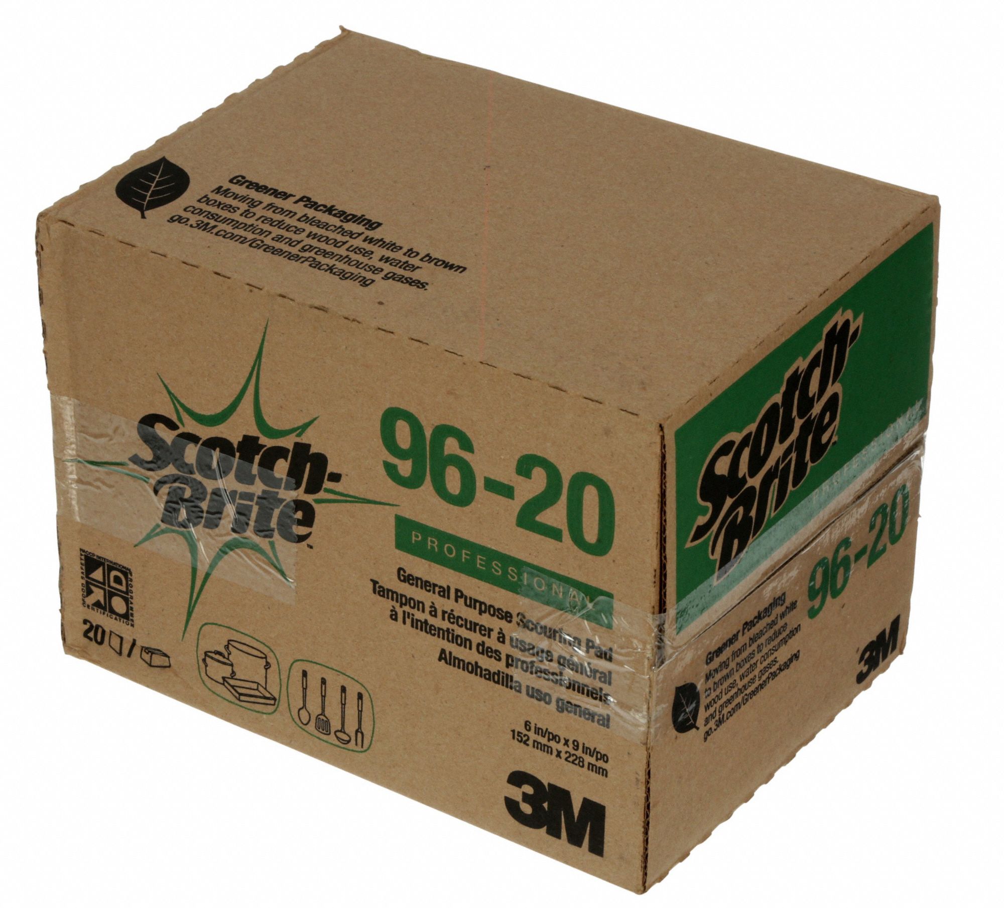 3M 6 in x 9 in Synthetic Fiber Scouring Pad, Green, 20PK 2U64396