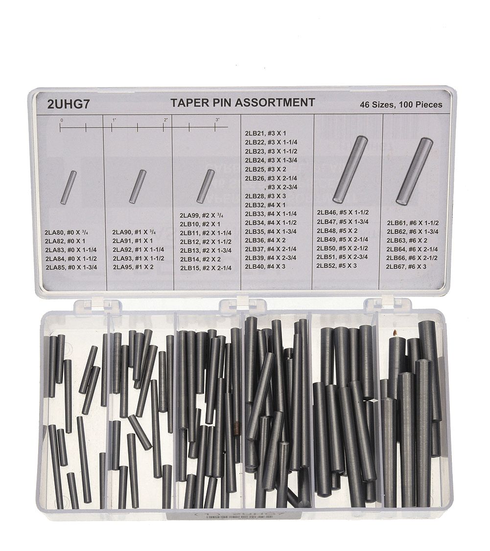 PIN ASSORTMENT, 100 PIECES, 46 SIZES, INCH, STANDARD FINISH, STEEL, UNGRADED, PLAIN FINISH