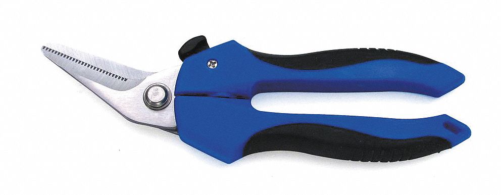SHEARS, RIGHT-HAND, 7 1/4 IN OVERALL L, STRAIGHT, STAINLESS STEEL, ROUNDED, BLUE