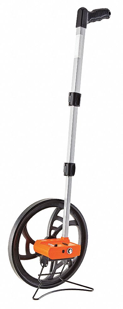 Measuring Wheel: 9, 999 ft Range, Fixed Handle Handle, Spoked Single Wheel, Rubber Tread, 23 in