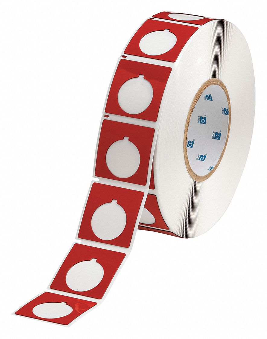 Pre-Cut Label Stock Roll: 1 51/64 in x 1 51/64 in, Polyester, Red (Gloss), 500 Labels per Roll
