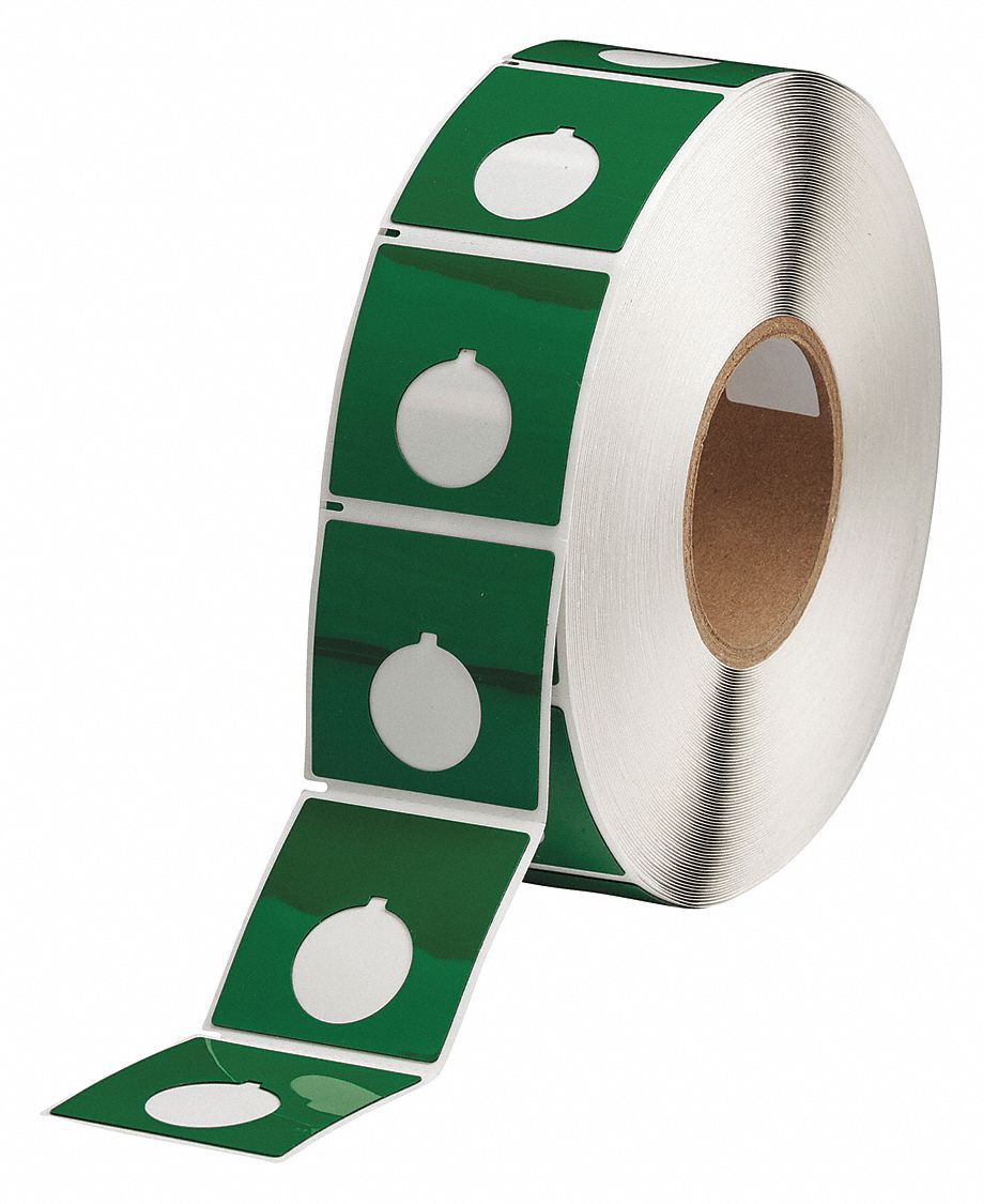 Pre-Cut Label Stock Roll: 2 13/32 in x 2 13/32 in, Polyester, Green (Gloss), 500 Labels per Roll