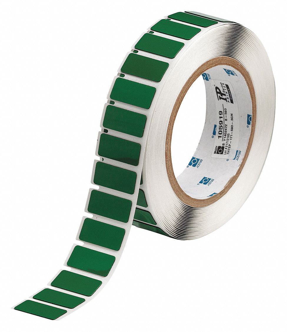 Pre-Cut Label Stock Roll: 31/64 in x 1 1/16 in, Polyester, Green (Gloss), 500 Labels per Roll