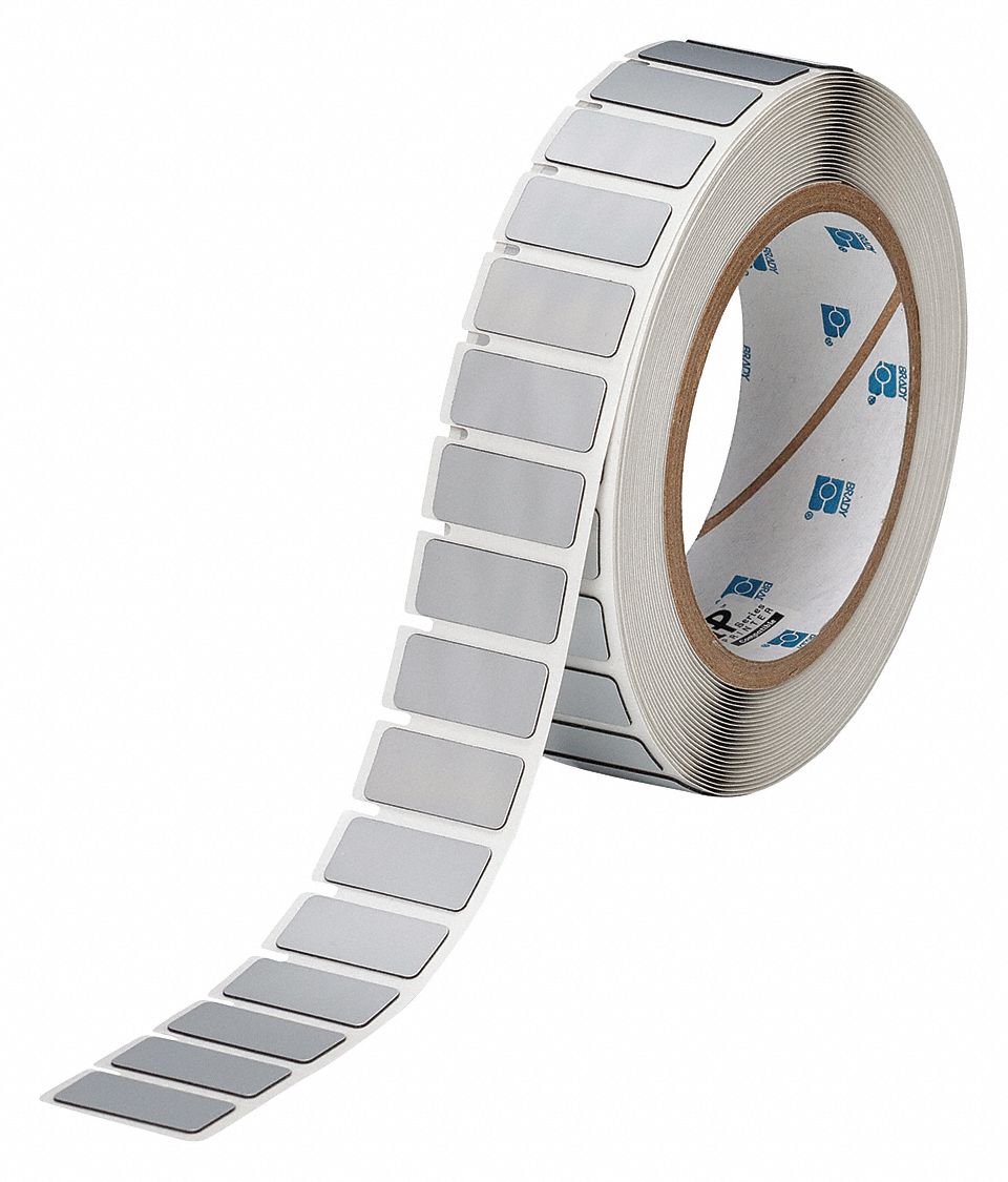 Pre-Cut Label Stock Roll: 31/64 in x 1 1/16 in, Polyester, Silver (Gloss), 500 Labels per Roll