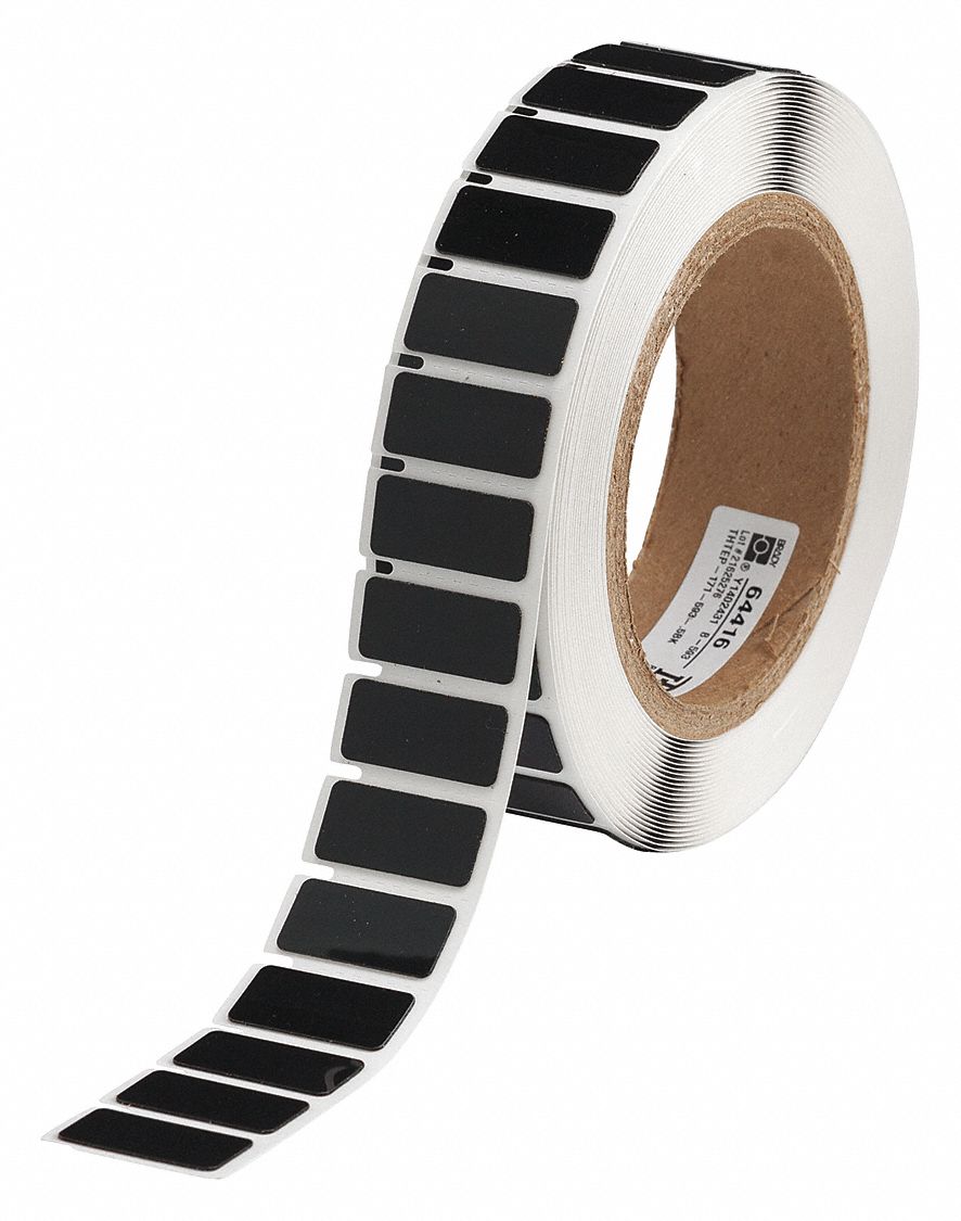 Pre-Cut Label Stock Roll: 31/64 in x 1 1/16 in, Polyester, Black (Gloss), 500 Labels per Roll