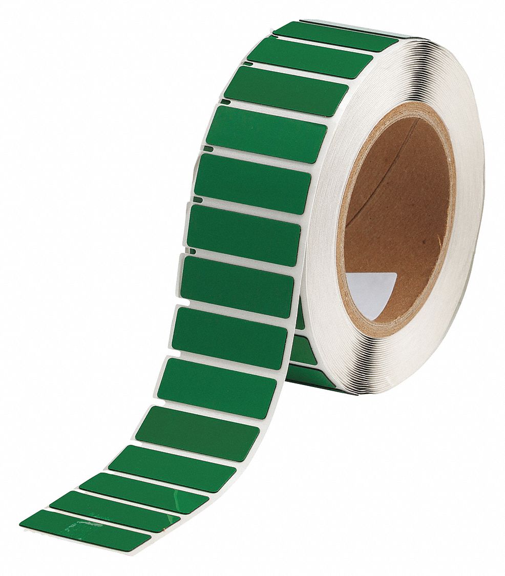 Pre-Cut Label Stock Roll: 19/32 in x 1 49/64 in, Polyester, Green (Gloss), 500 Labels per Roll