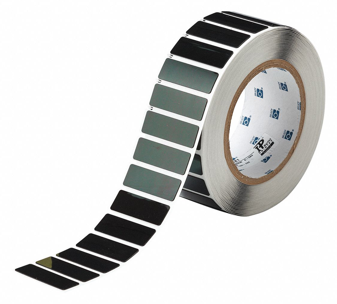 Pre-Cut Label Stock Roll: 19/32 in x 1 49/64 in, Polyester, Black (Gloss), 500 Labels per Roll