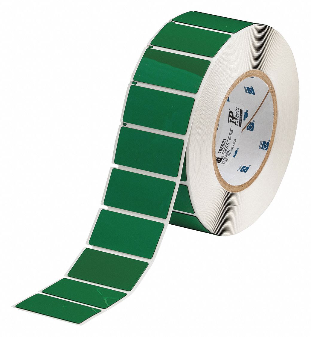 Pre-Cut Label Stock Roll: 1 in x 2 in, Polyester, Green (Gloss), 500 Labels per Roll