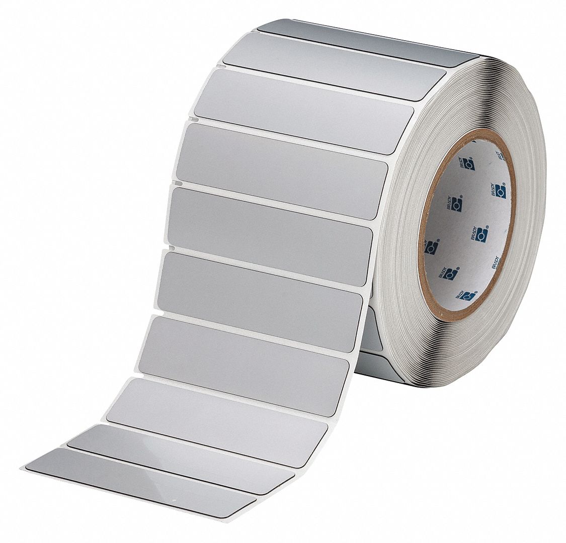 Pre-Cut Label Stock Roll: 1 in x 4 in, Polyester, Silver (Gloss), 500 Labels per Roll
