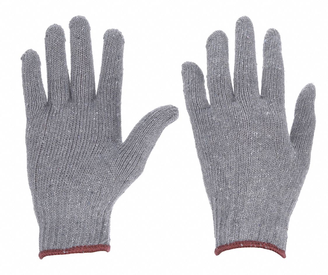 CONDOR Knit Gloves: L ( 9 ), Uncoated, Uncoated, Cotton ( 7 ga ), Full  Finger, Knit Cuff, Gray, 1 PR