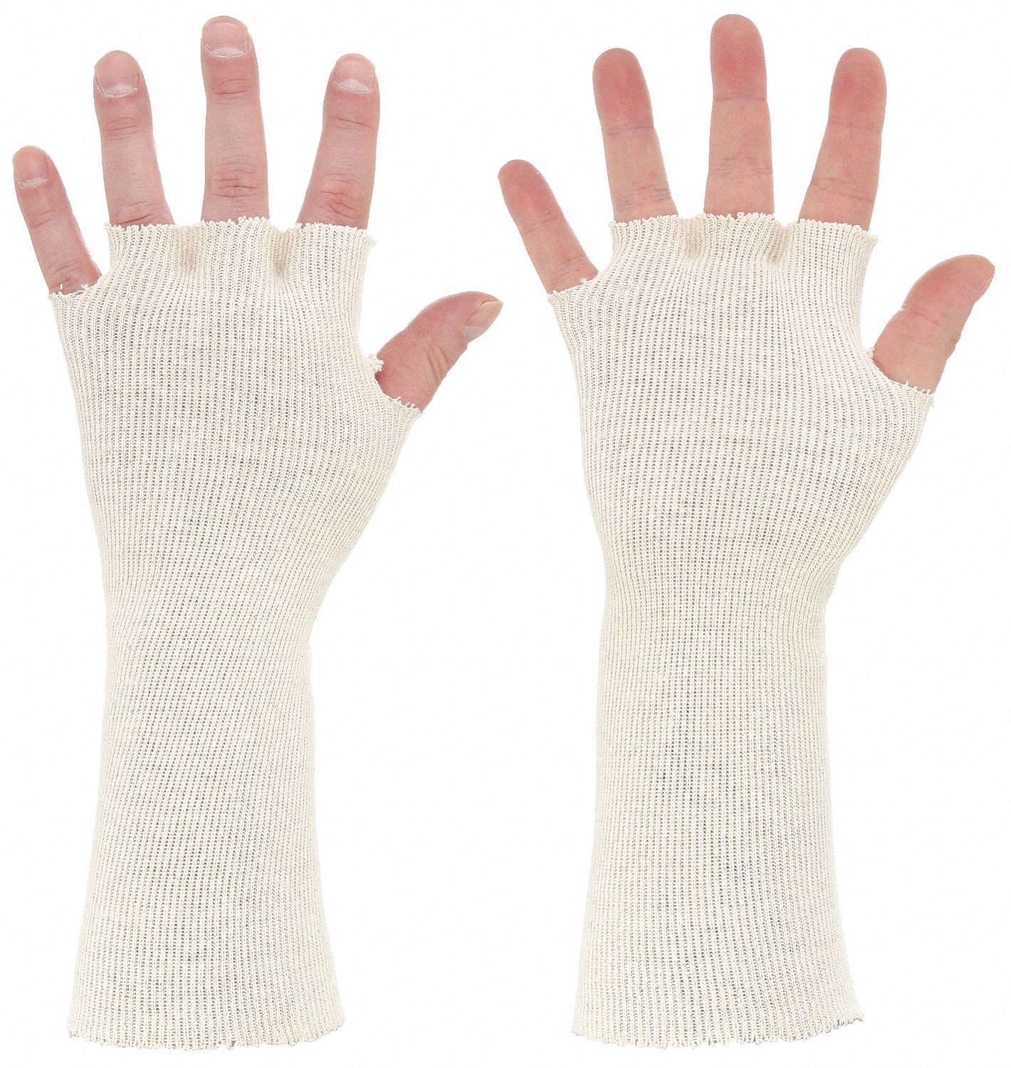 GLOVE LINERS, GEN PURPOSE, FINGERLESS, COTTON/POLY, 11 IN L, WHT, KNIT CUFF, 100 PK