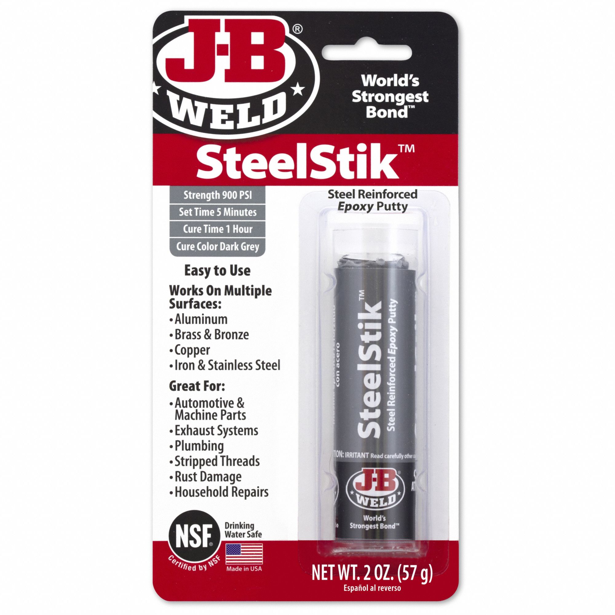 Putty: SteelStik, Metal Repair, 2 oz Container Size, Stick, Dark Gray, Epoxy