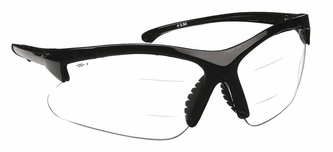 Reader Safety Glasses: Clear Lens Color, Wraparound Frame, Top and Bottom, +2.50