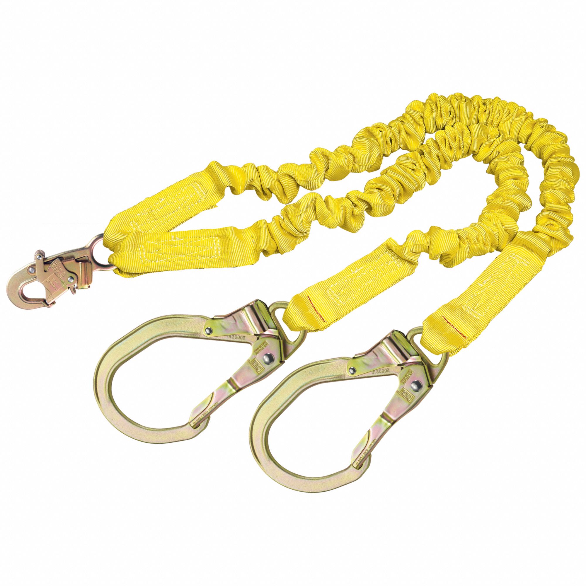 Shock-Absorbing Lanyard: Tubular Webbing, Steel Rebar Hook, Steel Snap Hook, 2 Legs