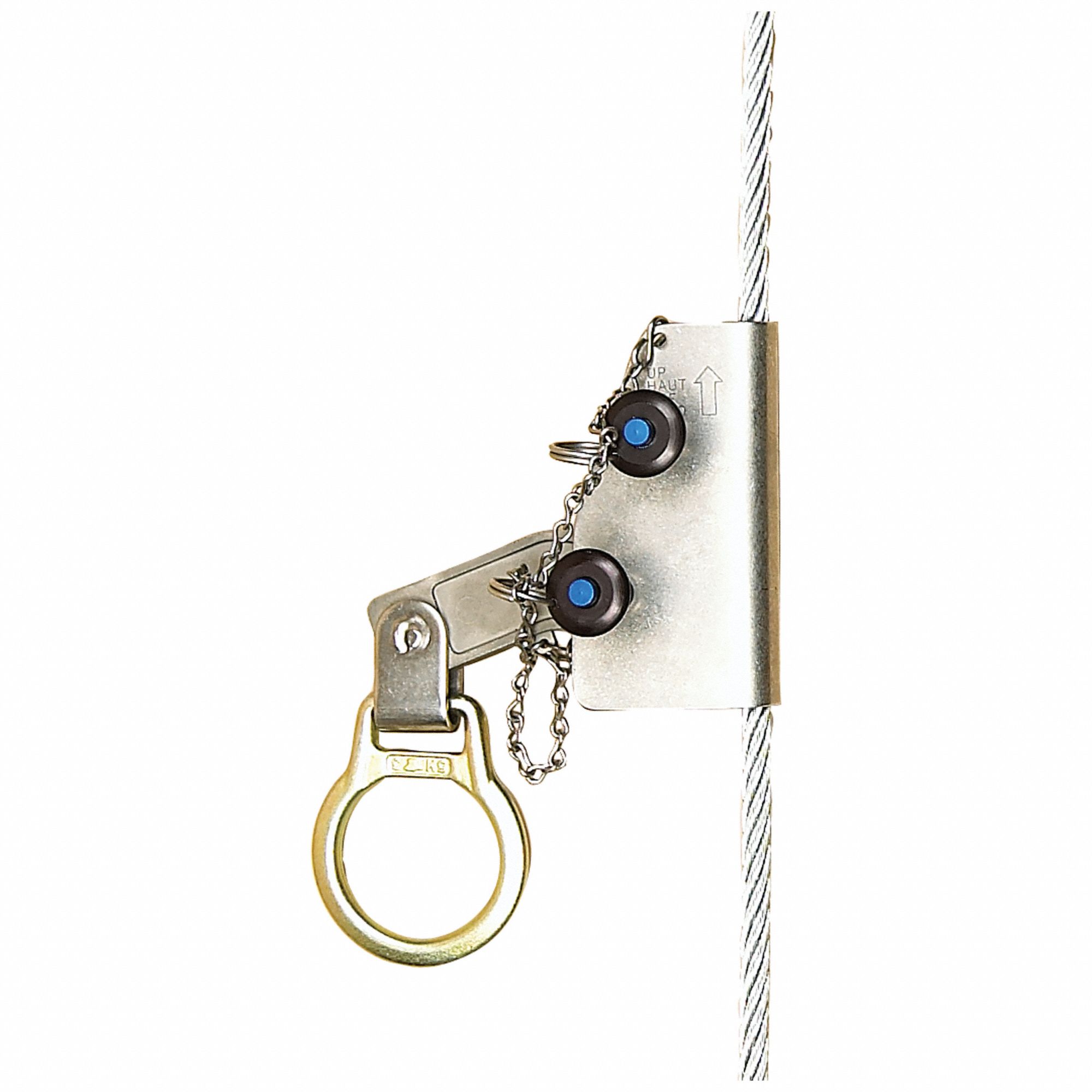 ROPE GRAB, 310 LB CAPACITY, STAINLESS STEEL, D-RING, 3 FT LANYARD L, SILVER, MANUAL