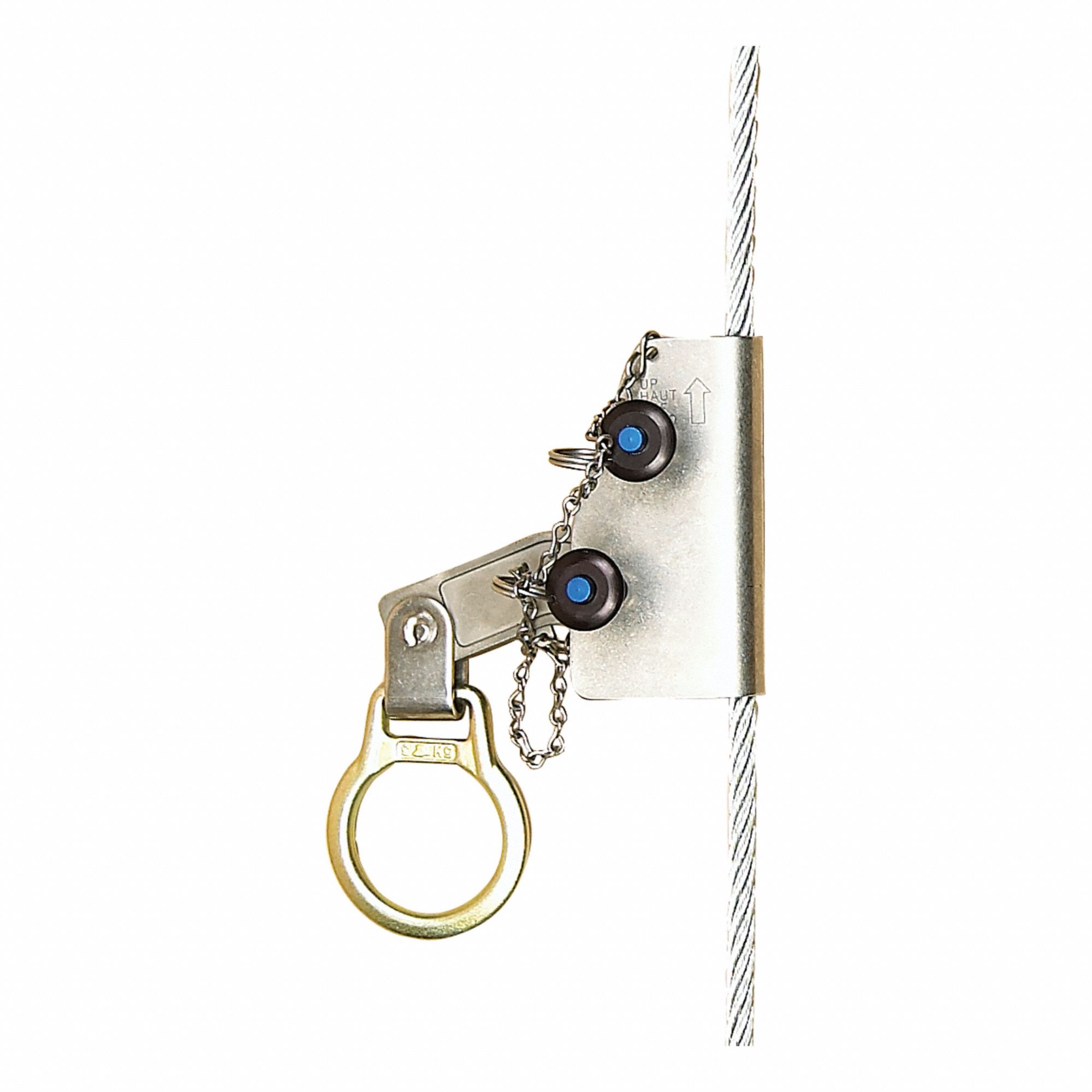 Rope Grab: 310 lb Capacity, Stainless Steel, D-Ring, 3 ft Lanyard Lg, Silver, Manual