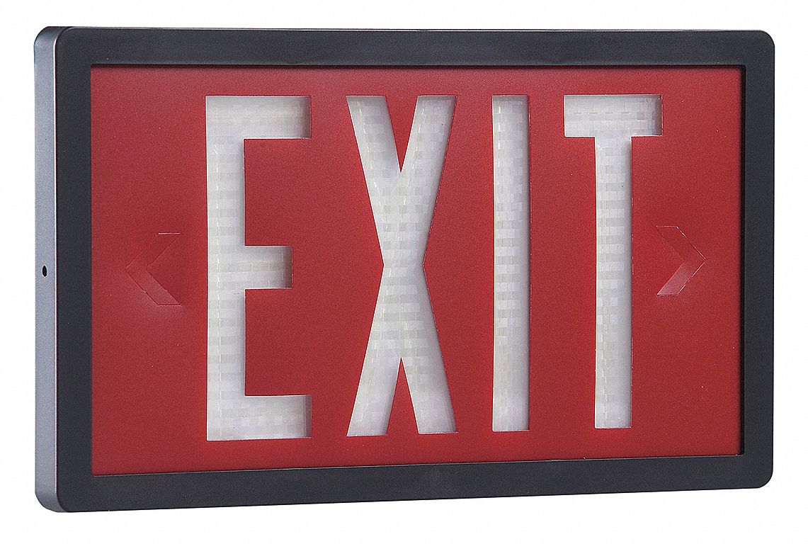 Self-Luminous Exit Sign: 2 Faces, Red, Black, Plastic, 10 yr Life Expectancy, Wall, Surface