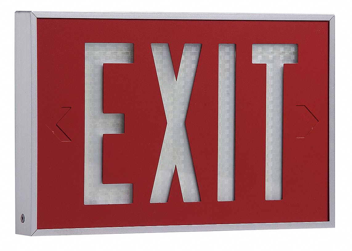 Self-Luminous Exit Sign: 1 Faces, Red, Silver, Aluminum, 10 yr Life Expectancy, Wall