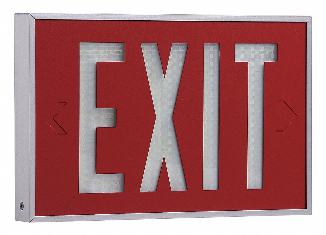 Self-Luminous Exit Sign: 1 Faces, Red, Silver, Aluminum, 20 yr Life Expectancy, Wall
