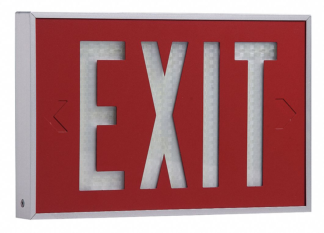 Self-Luminous Exit Sign: 2 Faces, Red, Silver, Aluminum, 20 yr Life Expectancy, Wall