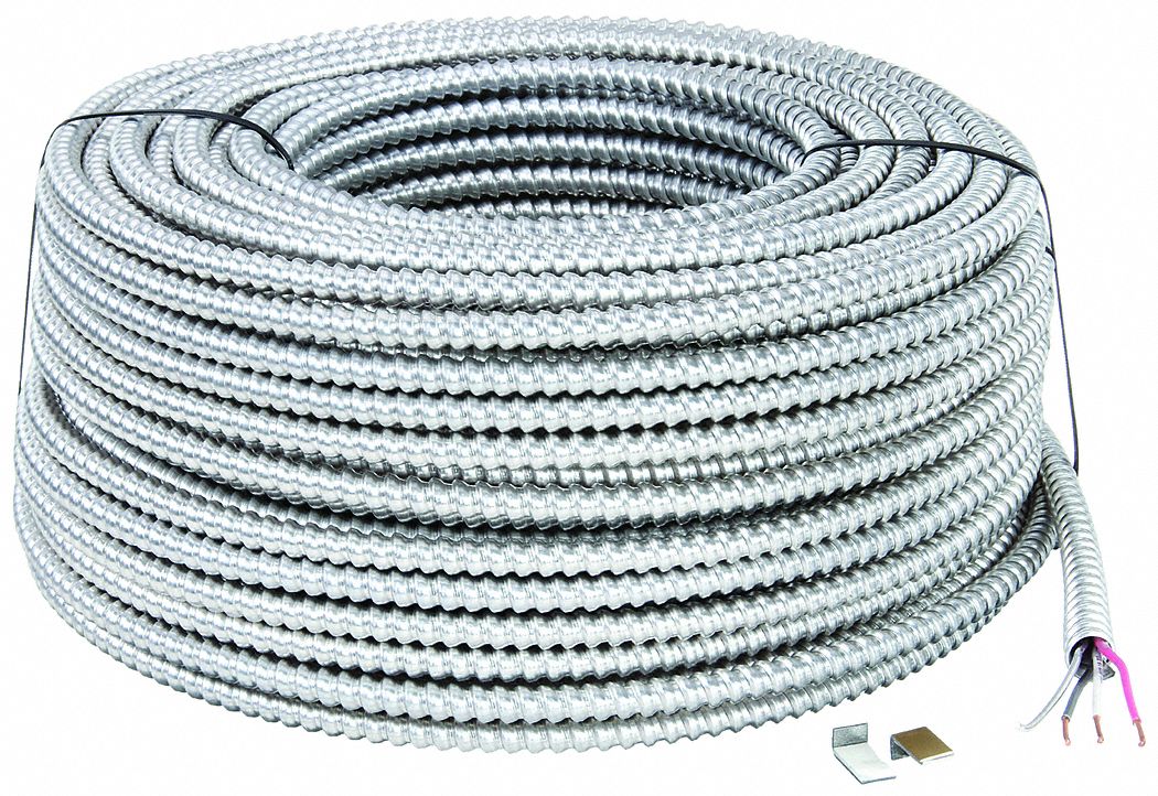 METAL CLAD ARMORED CABLE, 10 AWG WIRE SIZE, 3 WITH BARE AL GROUND CONDUCTORS, 250 FT L