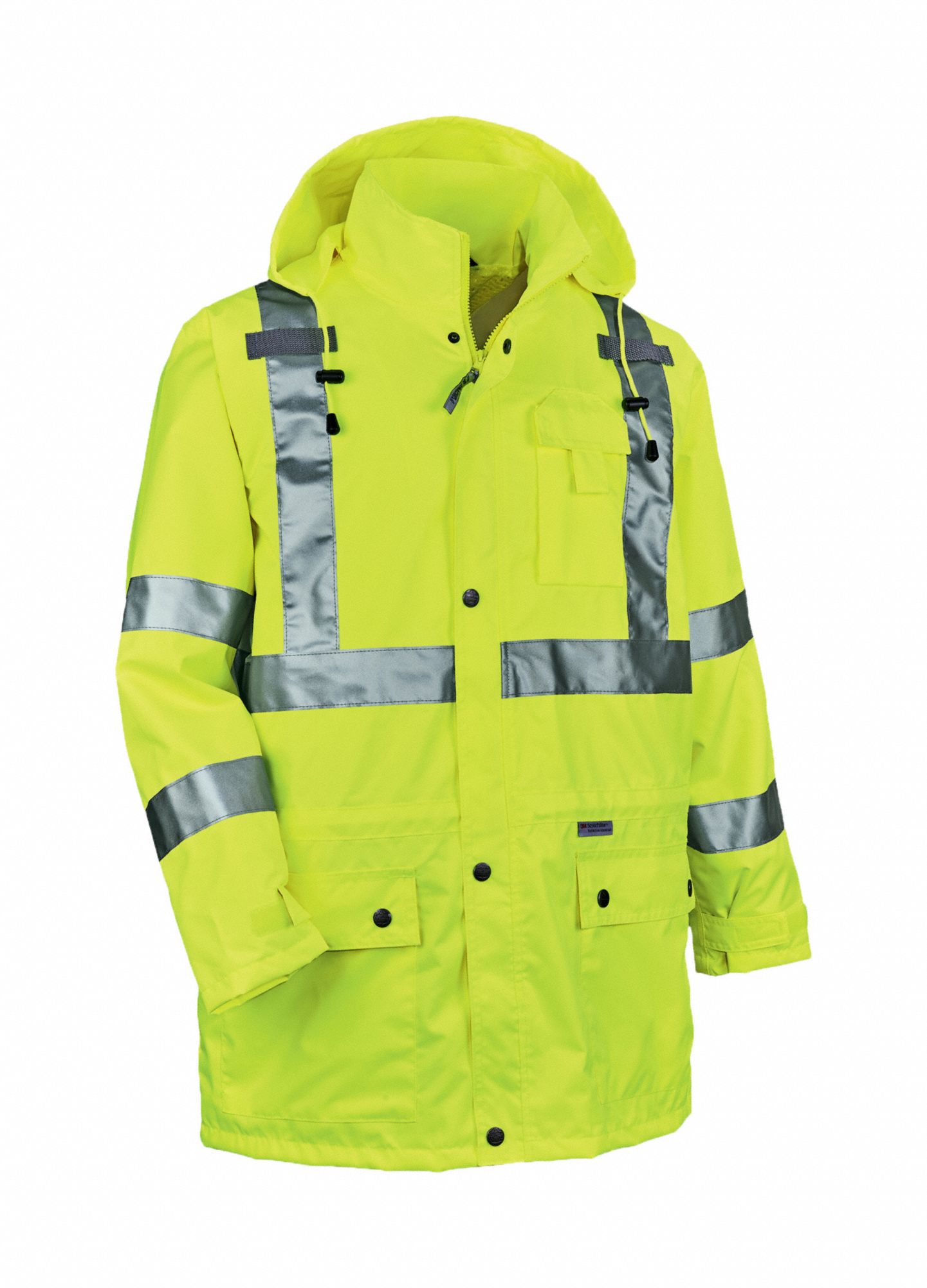 RAIN JACKET WITH HOOD L YELLOW GREEN SNAPS ZIPPER POLYESTER 3 POCKETS