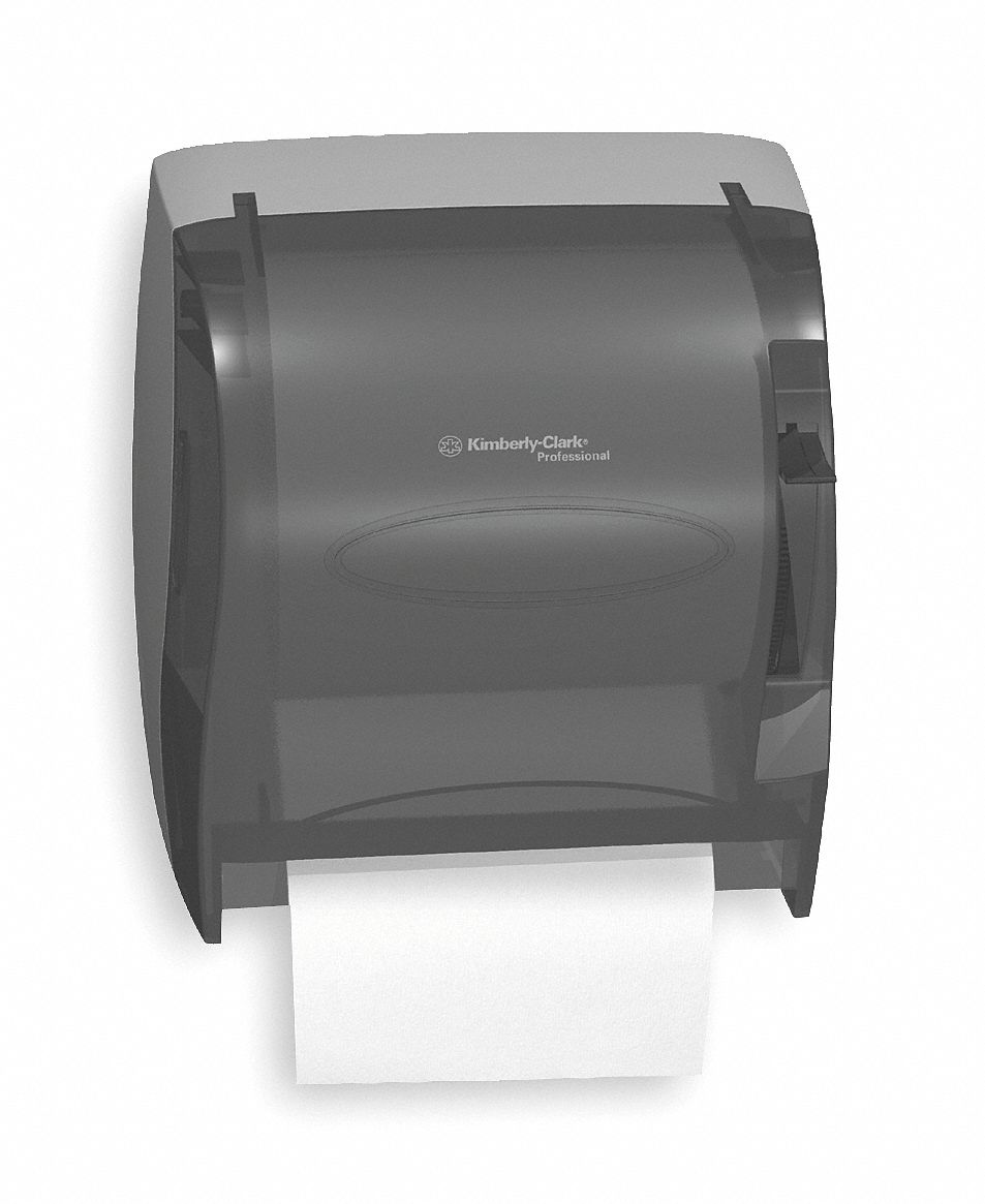 PAPER TOWEL DISPENSER, HARDWOUND, SINGLE ROLL, PLASTIC, SMOKE, LEV-R-MATIC