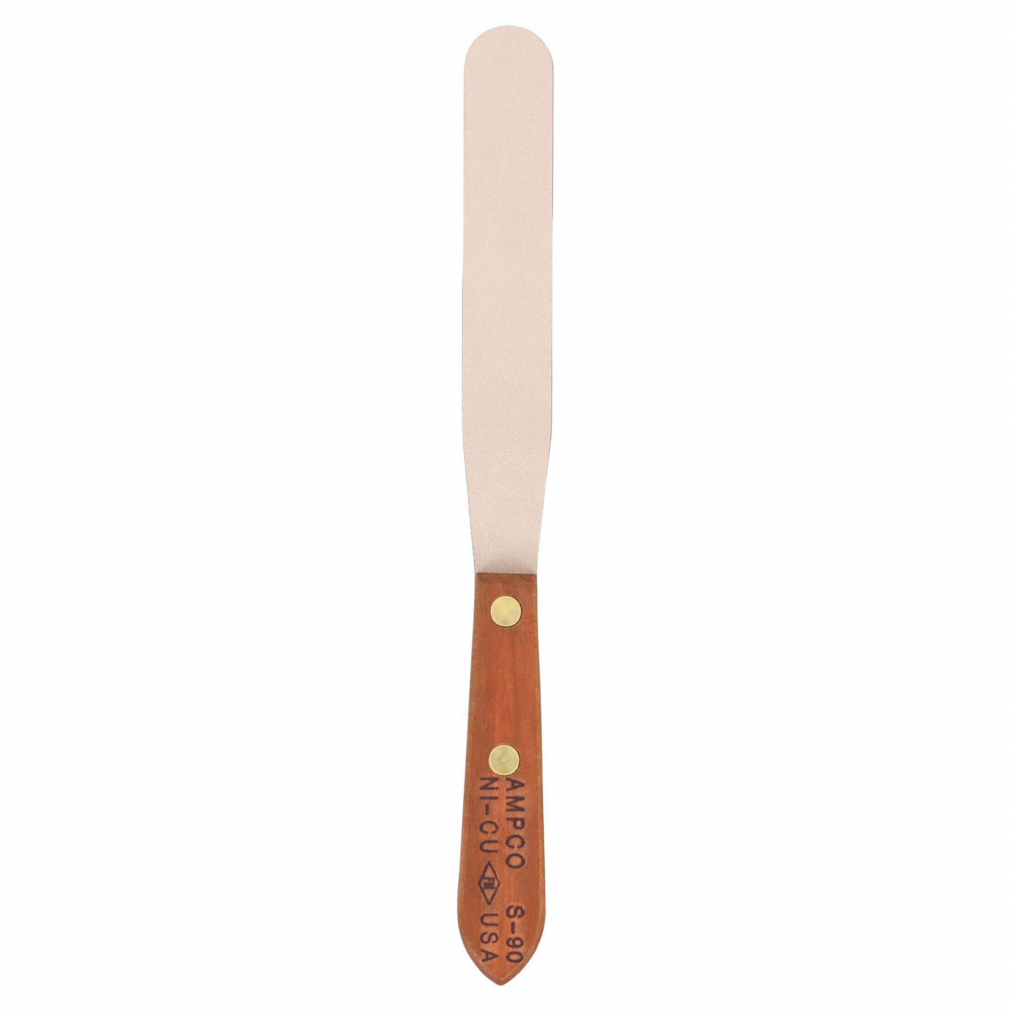 SPATULA, ALUMINUM BLADE BRONZE, WOOD HANDLE, SEMI-CIRCLE BLADE/STRAIGHT